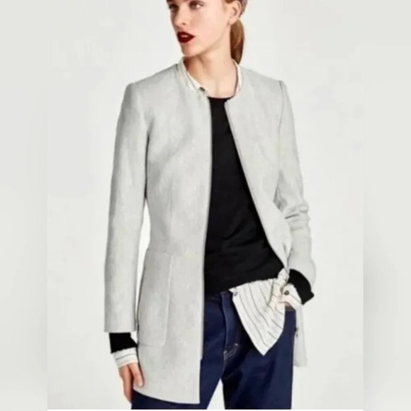 Zara long Blazer Chevron zip-up Pockets M Light Gray Preppy Workwear Wedding - Picture 1 of 6